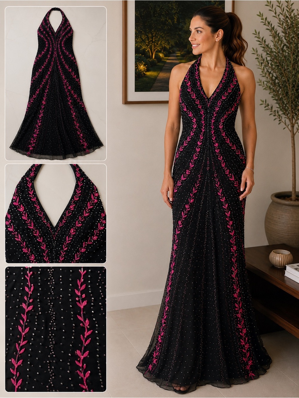 Sonia Peña Elegant Black Halter Evening Gown with Pink Embroidery